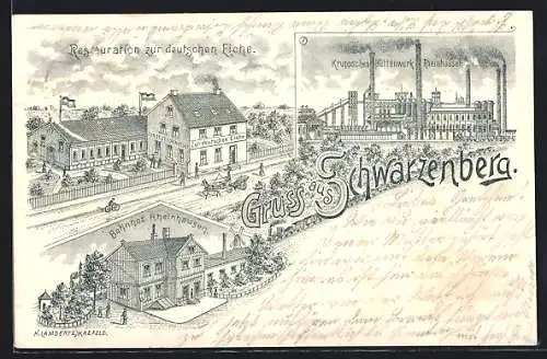Lithographie Schwarzenberg / Duisburg, Restaurant zur deutschen Eiche, Kruppsches Hüttenwerk Rheinhausen