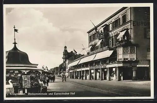 AK Königswinter, AK-Kiosk und Hotel Europäischer Hof an der Rheinpromenade