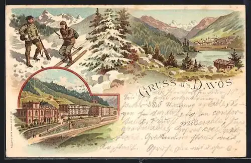 Lithographie Davos, Ortspartie, Ortsansicht mit See und Skifahrer
