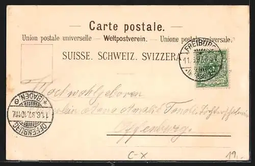 Lithographie Davos, Ortspartie, Ortsansicht mit See und Skifahrer