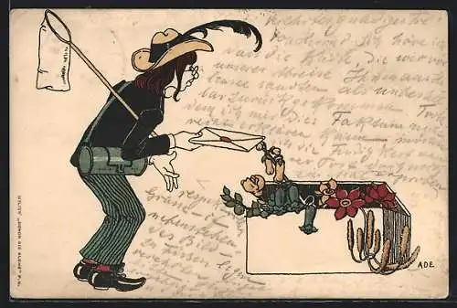 Künstler-AK Mathilde Ade: Frau mit Kescher und Brief