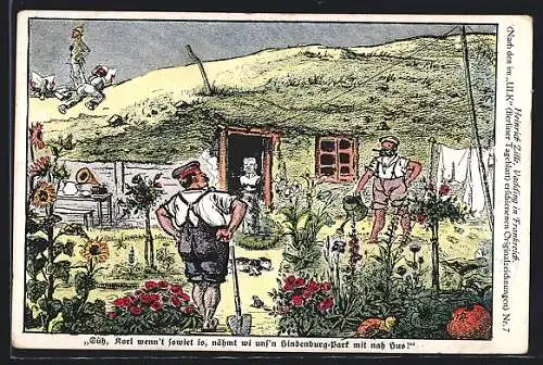 Künstler-AK Heinrich Zille: Vadding in Frankreich, Soldaten ruhen sich in Gärten aus