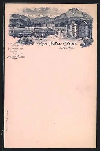 Lithographie Luzern, Ortspartie mit Swan Hotel Cygne und Dampfschiff