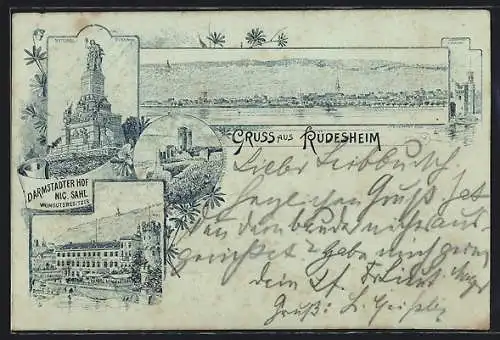Vorläufer-Mondschein-Lithographie Rüdesheim / Rhein, 1894, Hotel Darmstädter Hof von N. Sahl, Niederwalddenkmal