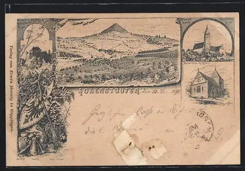 Vorläufer-Lithographie Hohenstaufen, 1895, Ortsansicht mit Umgebung und Berg, Kloster Lorch, Barbarossa-Kapelle