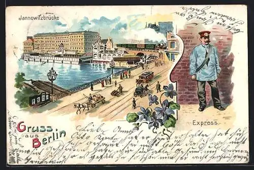 Lithographie Berlin, Express-Briefbote, Pferdebahn auf der Jannowitzbrücke, Pferdegespanne