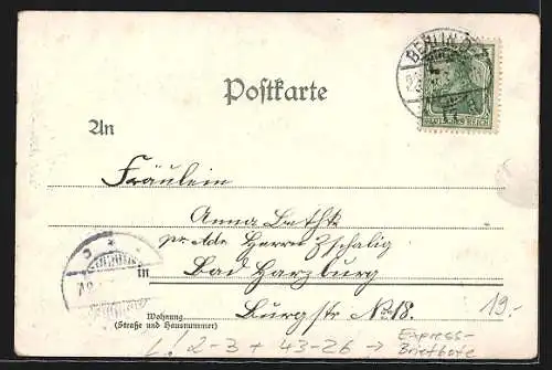 Lithographie Berlin, Express-Briefbote, Pferdebahn auf der Jannowitzbrücke, Pferdegespanne