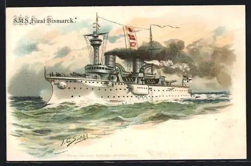 Künstler-AK Johann Georg Siehl-Freystett: Kiegsschiff SMS Fürst Bismarck vom Ostasiengeschwader unter Volldampf