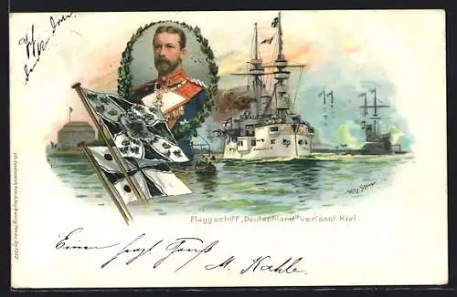 Künstler-AK Stoewer: Flaggschiff Deutschland verlässt Kiel, Portrait Prinz Heinrich