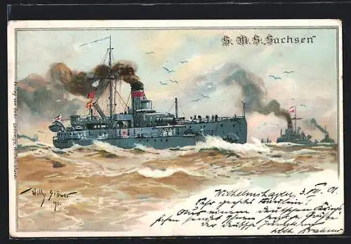 Künstler-AK Stoewer: Kriegsschiff S. M. S. Sachsen auf hoher See