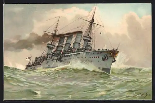 Künstler-Lithographie Willy Stoewer: Grosser Kreuzer SMS Friedrich Karl bei Sturm und Wellen in der Nordsee