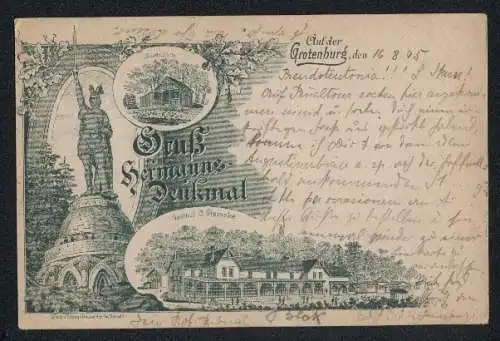 Vorläufer-Lithographie Grotenburg b. Detmold, 1895, Gasthof C. Reineke, Bandelhütte, Hermannsdenkmal