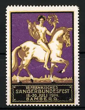 Reklamemarke Bamberg, XII. Fränkisches Sängerbundesfest 1914, nackter Sänger mit Lyra zu Pferd