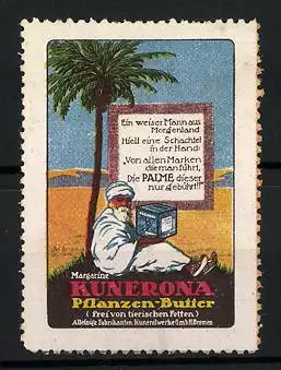 Reklamemarke Kunerona Pflanzen-Butter-Margarine, weiser Mann aus dem Morgenland unter einer Palme sitzend