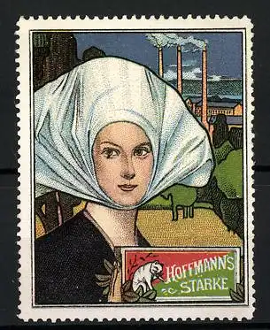 Reklamemarke Hoffmann's Stärke, Frau in Tracht, Schachtel mit Katze