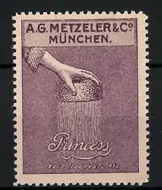 Reklamemarke Princess - zur Pflege des Teints, A. G. Metzeler & Co., München, Hand hält einen Schwamm