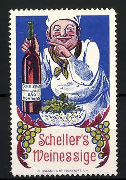 Reklamemarke Scheller's Weinessige, Weinessigfabrik Bad Homburg, Koch mit Essigflasche und Salat