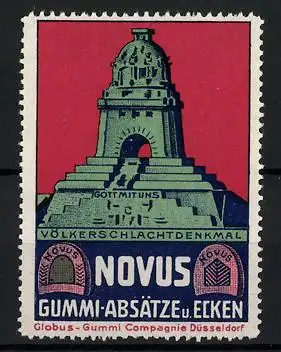 Reklamemarke Novus Gummi-Absätze u. Ecken, Völkerschlachtdenkmal, Globus-Gummi Compagnie Düsseldorf