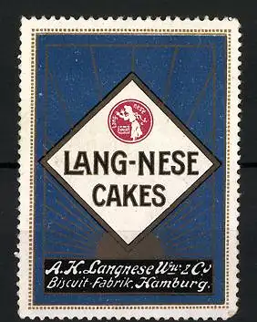 Reklamemarke Lang-Nese Cakes, A. K. Langnese Wwe., Biscuit-Fabrik Hamburg, Firmenlogo