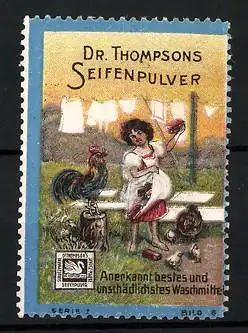 Reklamemarke Dr. Thompsons Seifenpulver, Waschfrau und Hahn