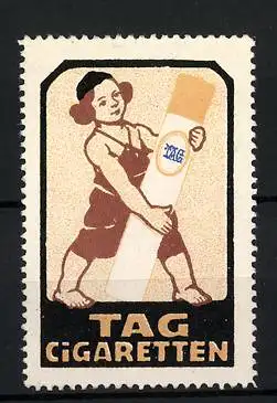 Reklamemarke TAG Cigaretten, Arbeiter mit grosser Zigarette