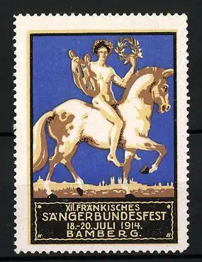Reklamemarke Bamberg, XII. Fränkisches Sängerbundesfest 1914, nackter Sänger mit Lyra zu Pferd
