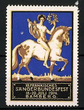 Reklamemarke Bamberg, XII. Fränkisches Sängerbundesfest 1914, nackter Sänger mit Lyra zu Pferd