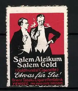 Reklamemarke Salem Aleikum, Salem Gold, Cigarette, Orient. Zabak- und Cigarettenfabrik Yenidze, zwei Herren beim Rauchen
