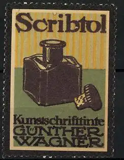 Reklamemarke Scribtol Kunstschrifttinte, Günther Wagner, Tintengläschen