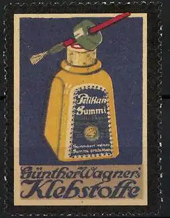 Reklamemarke Pelikan Summi-Klebstoffe, Günther Wagner, Flasche mit Pinsel