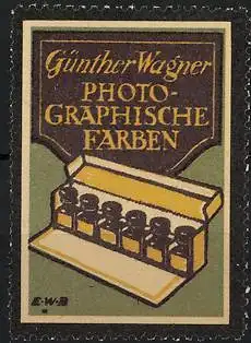 Reklamemarke Photo-Graphische Farben von Günther Wagner, kleine Fläschchen im Karton
