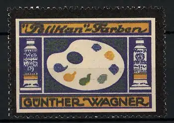 Reklamemarke Pelikan-Farben, Günther Wagner, Farbtuben und Farbpalette