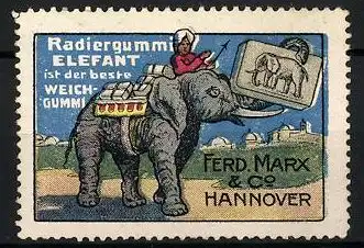 Reklamemarke Elefant-Radiergummi - ist der Beste Weichgummi, Ferd, Marx & Co., Hannover, Elefant trägt einen Radiergummi