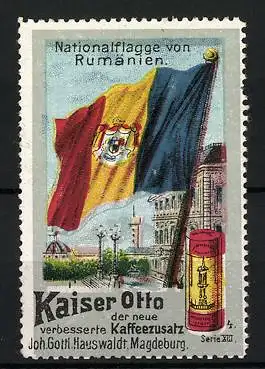 Reklamemarke Kaiser Otto - neuer verbesserter Kaffeezusatz, Joh. Gottl. Hauswaldt, Magdeburg, Nationalflagge Rumänien