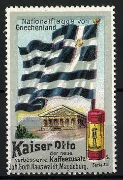 Reklamemarke Kaiser Otto - verbesserter Kaffeezusatz, Joh. Gottl. Hauswaldt, Magdeburg, Nationalflagge Griechenland