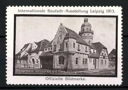 Reklamemarke Leipzig, Internationale Baufach-Ausstellung 1913, Biedermeier Restaurant mit Pleissenburgturm