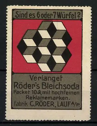 Reklamemarke Röder's Bleichsoda, Fabrik C. Röder, Lauf a. P., Sind es 6 oder 7 Würfel?