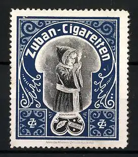 Reklamemarke Zuban-Cigaretten, Schutzmarke, Münchner Kind und Firmenlogo