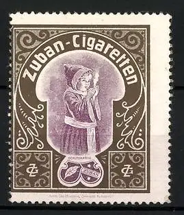 Reklamemarke Zuban-Cigaretten, Schutzmarke, Münchner Kind und Firmenlogo