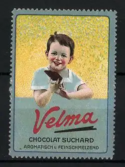 Reklamemarke Velma Chocolat Suchard, aromatisch und feinschmelzend, Knabe mit Schokoladentafel