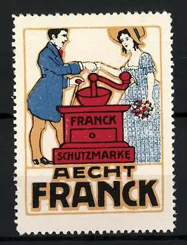 Reklamemarke Aecht Franck Kaffee-Zusatz, Firmenlogo Kaffeemühle, Paar reicht sich die Hand