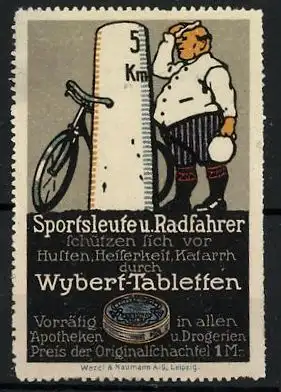 Reklamemarke Wybert-Tabletten - schützen vor Husten, Heiserkeit und Katarrh, Radfahrer macht Rast, Fahrrad
