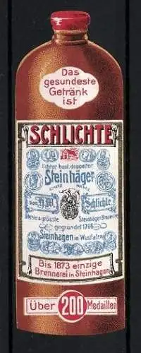 Reklamemarke Steinhäger Schnaps, Brennerei Schlichte in Steinhagen, Flasche