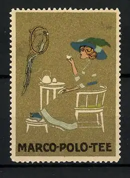 Reklamemarke Marco-Polo-Tee, Frau spricht zum Papagei