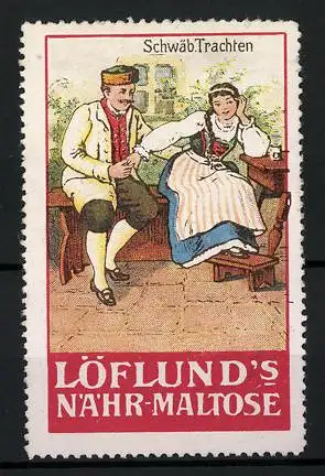 Reklamemarke Löflund's Nähr-Maltose, Serie: Schwäbische Trachten, Liebespaar auf einer Gartenbank