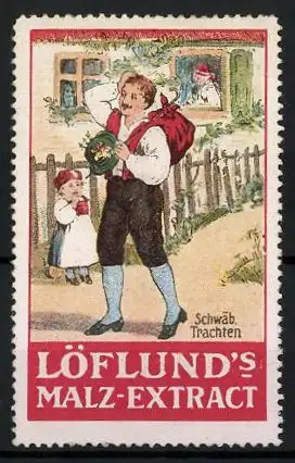 Reklamemarke Löflund's Nähr-Maltose, Serie: Schwäbische Trachten, Vater verlässt das Wohnhaus