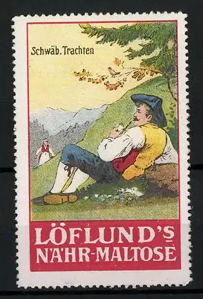 Reklamemarke Löflund's Nähr-Maltose, Serie: Schwäbische Trachten, Mann auf einer Bergwiese liegend