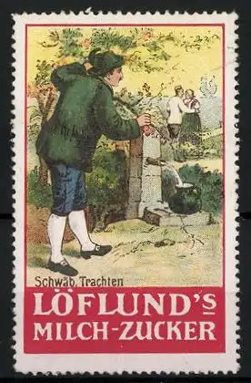 Reklamemarke Löflund's Nähr-Maltose, Serie: Schwäbische Trachten, Mann beobachtet ein Liebespaar