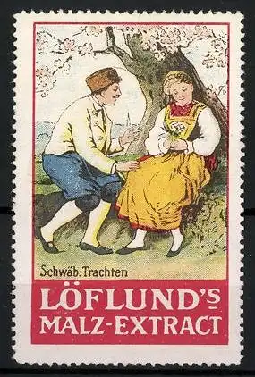 Reklamemarke Löflund's Nähr-Maltose, Serie: Schwäbische Trachten, Liebespaar sitzt unter einem Baum