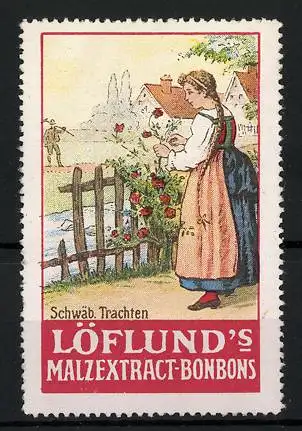 Reklamemarke Löflund's Nähr-Maltose, Serie: Schwäbische Trachten, Frau steht am Gartenzaun